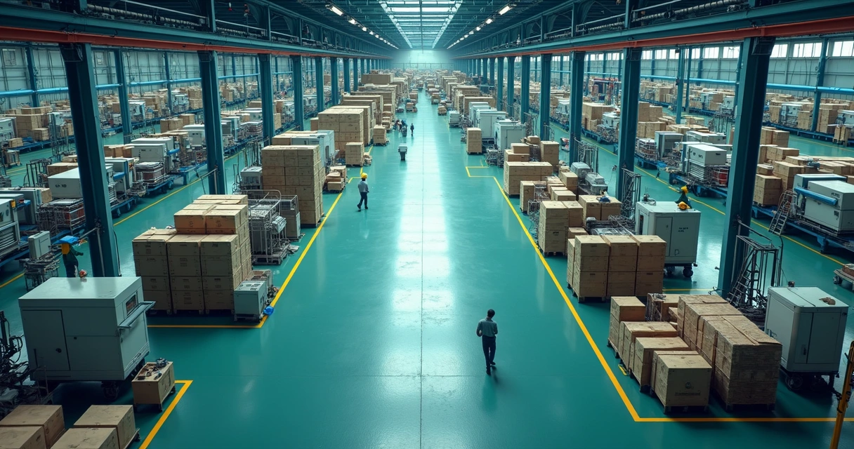 Vista superior de um layout industrial com máquinas, pessoas e linhas de produção organizadas 