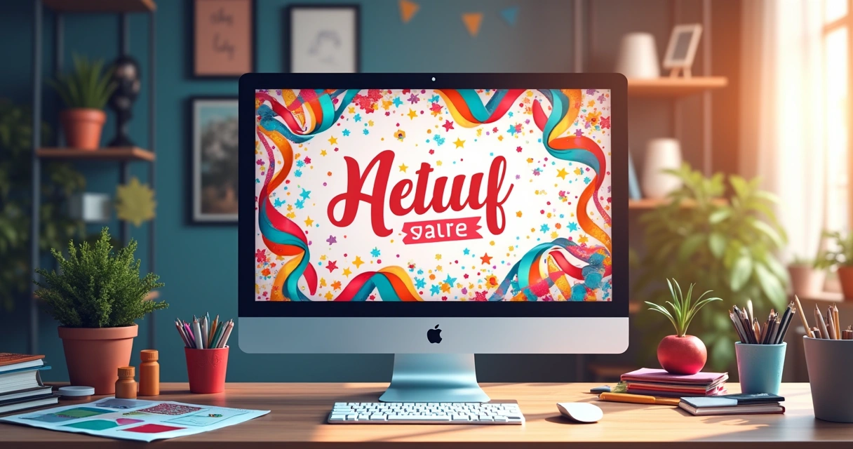 Banner digital colorido com elementos gráficos de datas especiais em tela de computador. 