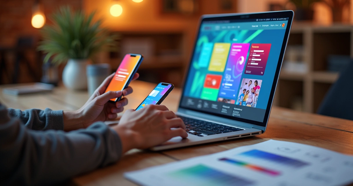 Página inicial de site em computador, tablet e smartphone, todos exibindo design colorido e adaptado para telas diversas 