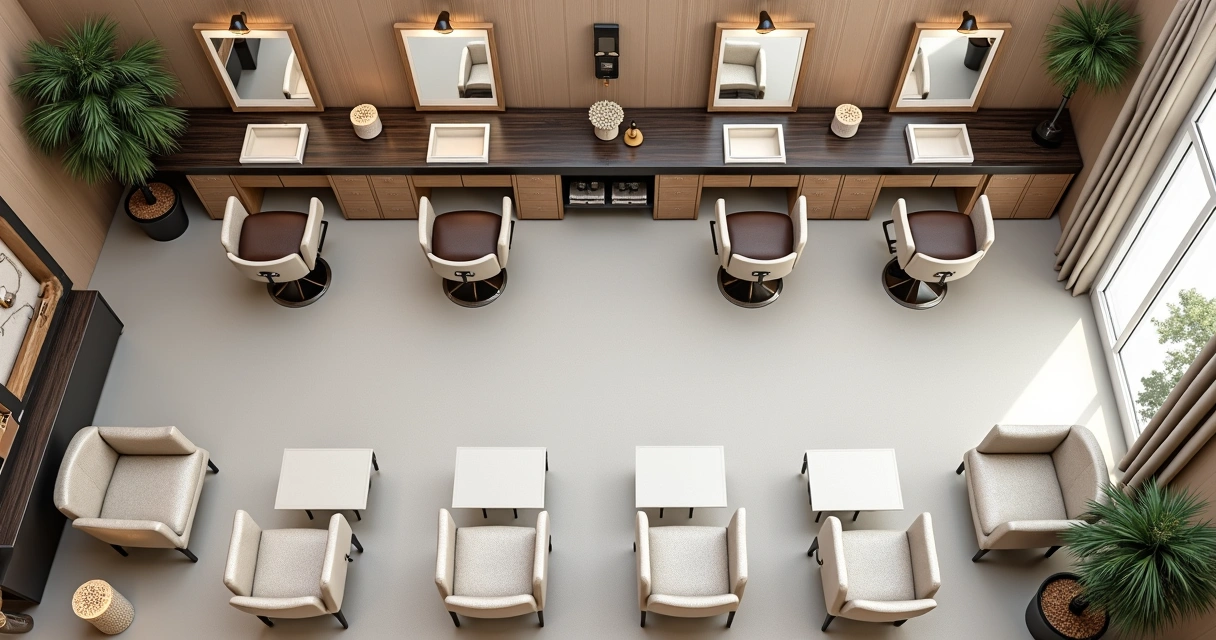 Vista aérea de um salão de beleza mostrando disposição de móveis práticos e elegantes 