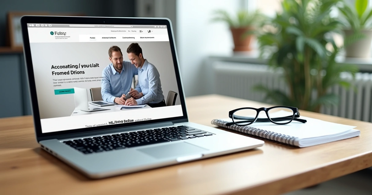 Simulação de tela de site contábil em um notebook sobre mesa de madeira