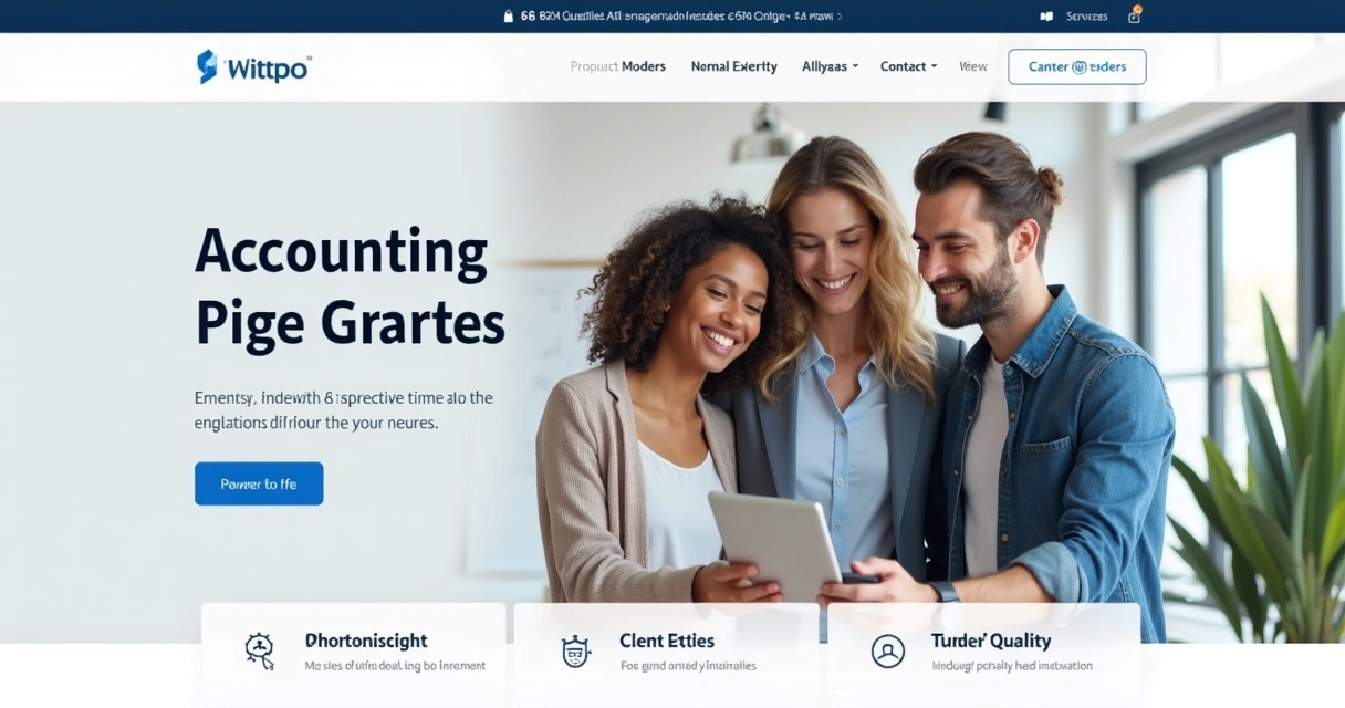 Página inicial de site de contabilidade, visual limpo, menu destacado, imagem de equipe