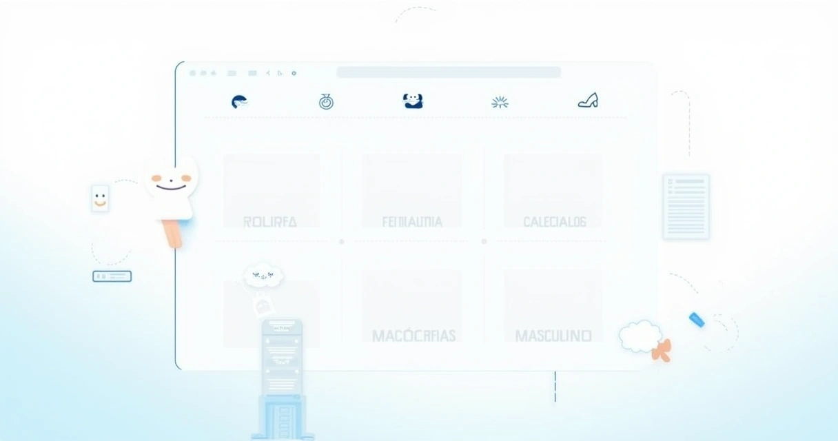 Ilustração de um layout de site organizado com categorias de produtos e uma pessoa usando um tablet.