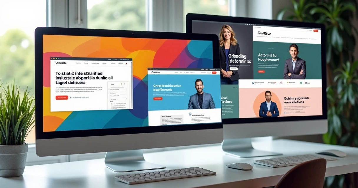 Vários layouts de site institucional exibidos lado a lado na tela de computador 