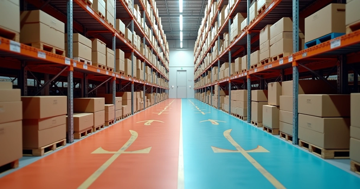 Vista superior de depósito com zonas quentes e frias destacadas por cores no chão 