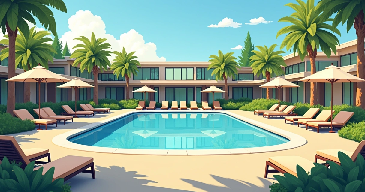 Resort pool with chairs, landscaping, and clubhouse in the background