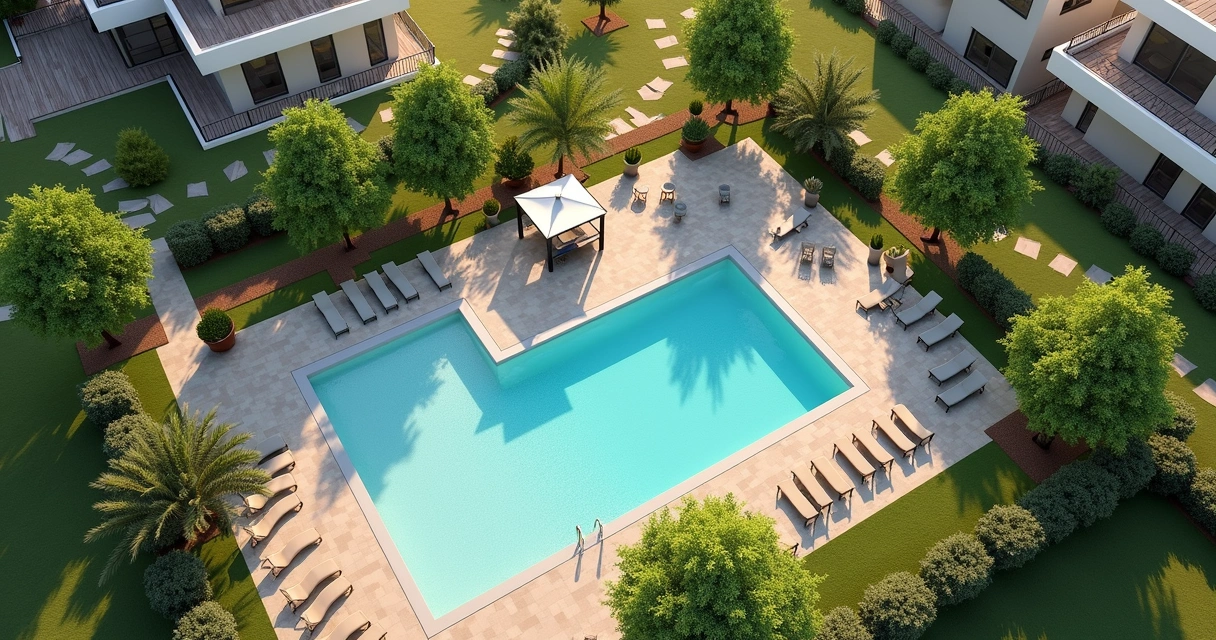 Área de lazer de condomínio com piscina e jardim 