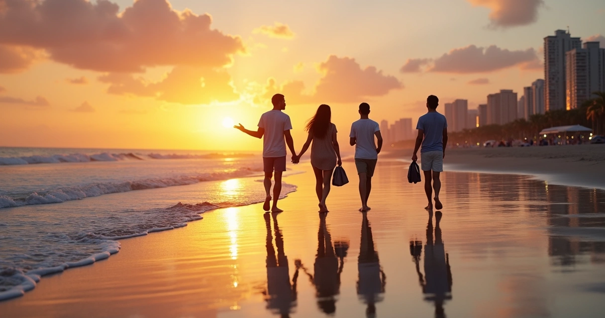 Grupo de amigos caminhando em calma na praia ao pôr do sol 