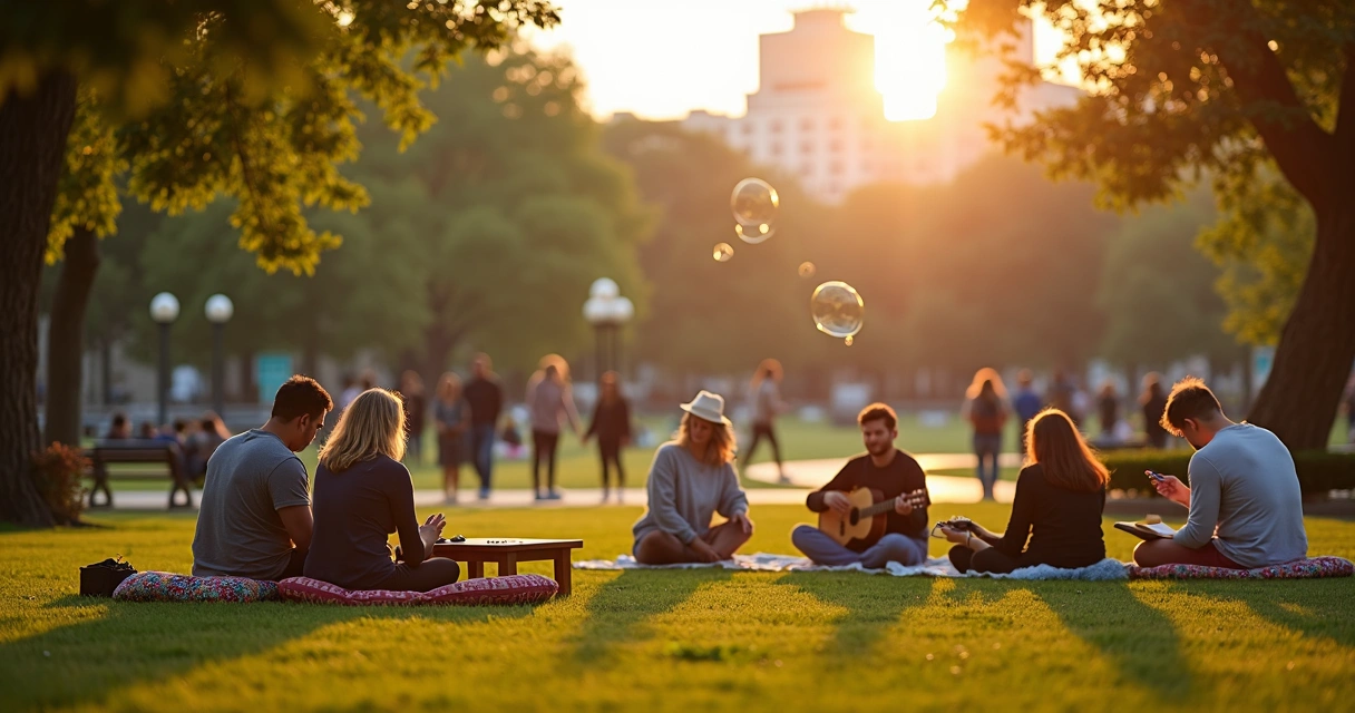 Grupo diverso pratica lazer calmo em praça urbana arborizada ao pôr do sol 