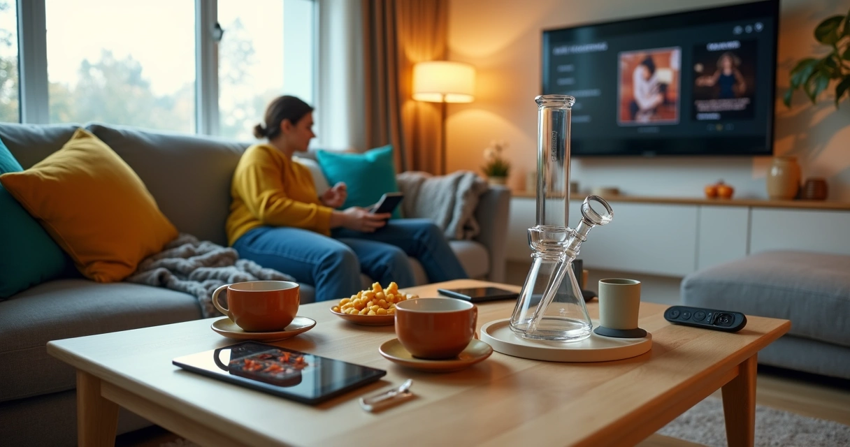 Sala de estar moderna com pessoas relaxando e acessórios de lazer organizados sobre a mesa de centro 