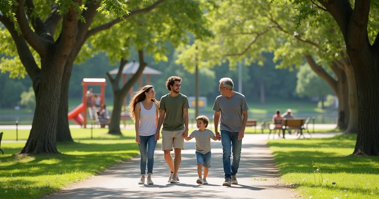 Família caminhando em parque arborizado com lago ao fundo, Campinas 