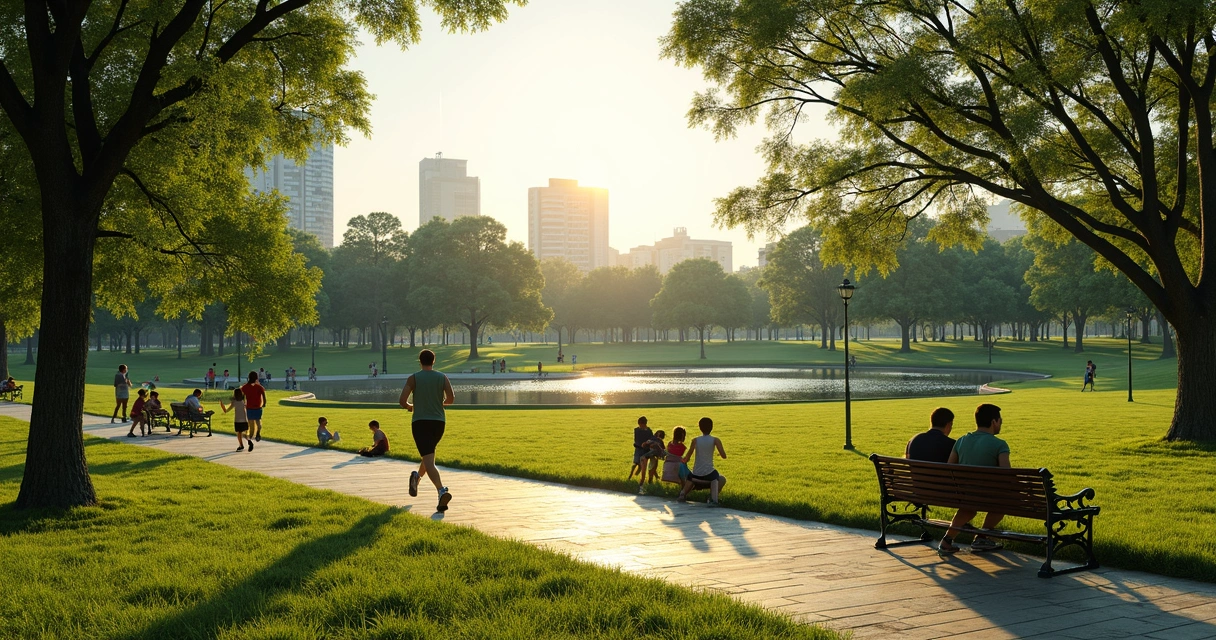 Parque arborizado com pessoas praticando caminhada em Paulínia 