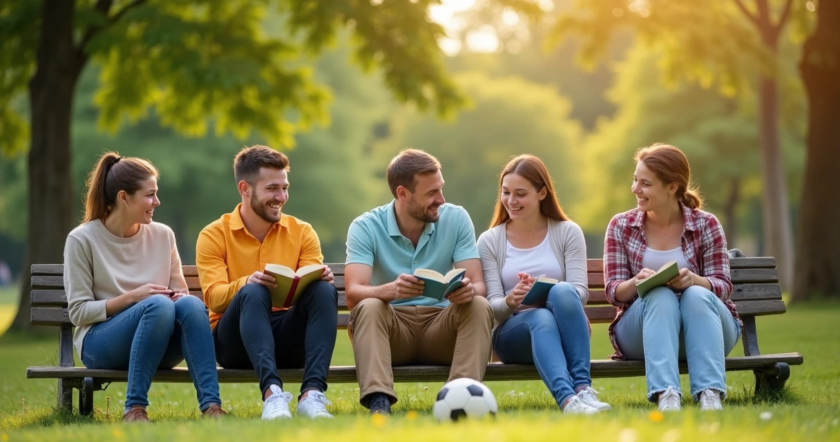 Grupo de pessoas diferentes realizando atividades de lazer juntas ao ar livre, conversando e sorrindo, enquanto algumas leem e outras praticam esportes em um parque ensolarado