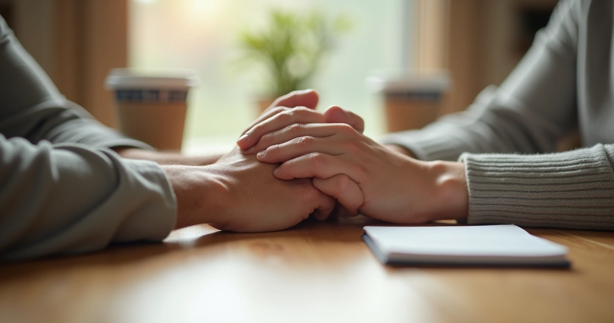 Manos de una pareja entrelazadas sobre una mesa de madera clara 