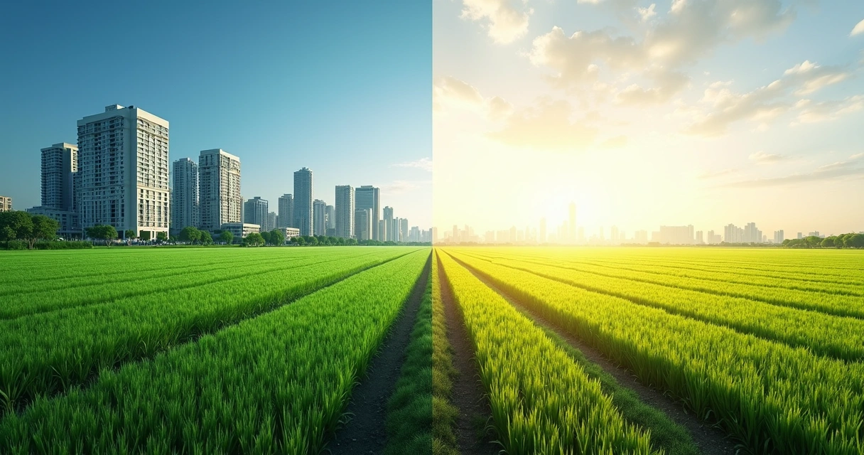 Montagem com prédios à esquerda e plantações à direita simbolizando LCI e LCA 