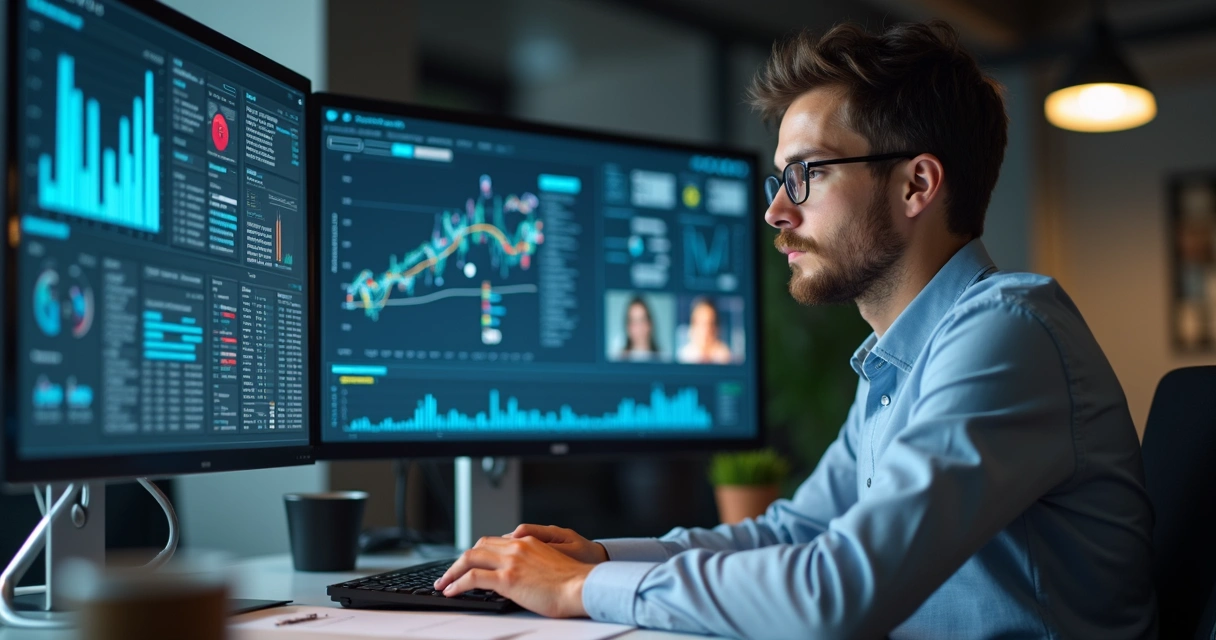 Profissional LDR em videoconferência analisando dados no computador 