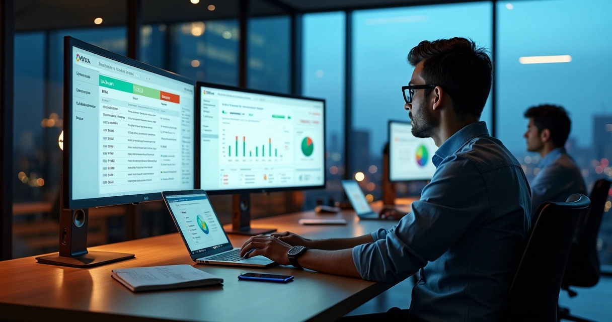 Profissional de pré-vendas analisando lista de leads em múltiplas telas 