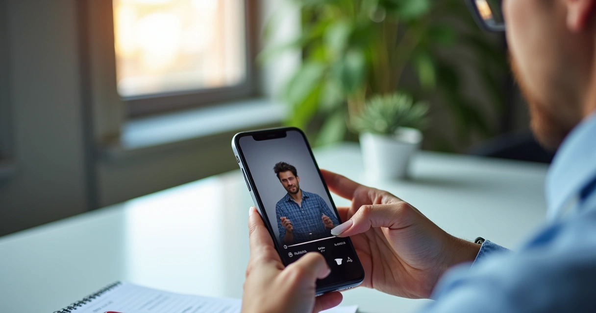 Pessoa assistindo vídeo no celular, rosto atento e ambiente de trabalho.