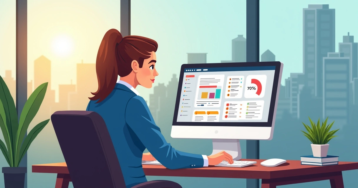 Agente de vendas imobiliário analisando lead em tela de computador, sala de trabalho moderna 