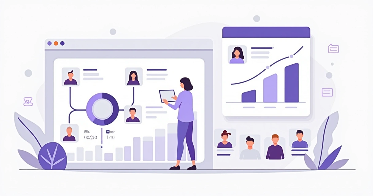 Illustration of lead and commission dashboard with partner avatars, charts, and status icons 