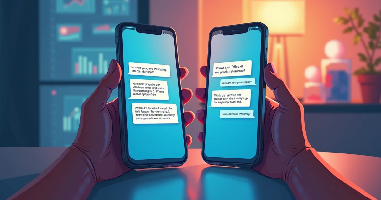 Dois celulares trocando mensagens via WhatsApp com gráficos de vendas ao fundo