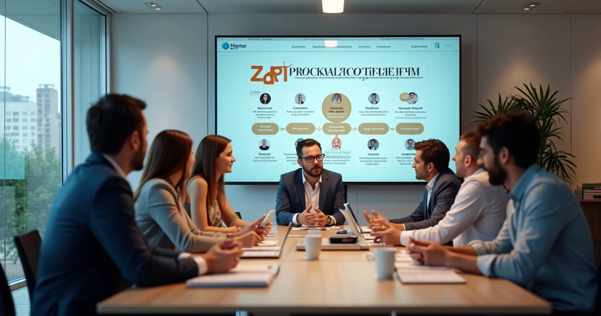 Equipe de corretores ao redor de mesa analisando distribuição automática de leads 