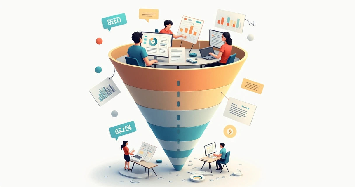 Quadro com etapas do funil de vendas e exemplos de conteúdos para cada uma