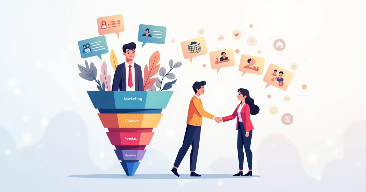 Fluxo de leads passando por um funil com etapas claras de marketing e vendas 