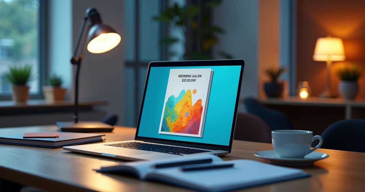 Notebook aberto com tela exibindo capa de e-book de vendas B2B, cercado por cadernos e café 