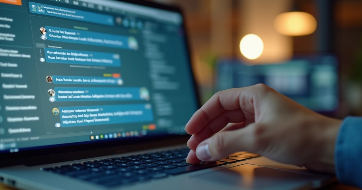 Pessoa digitando em laptop mostrando conversa automatizada no LinkedIn com mensagens de lead magnets na tela