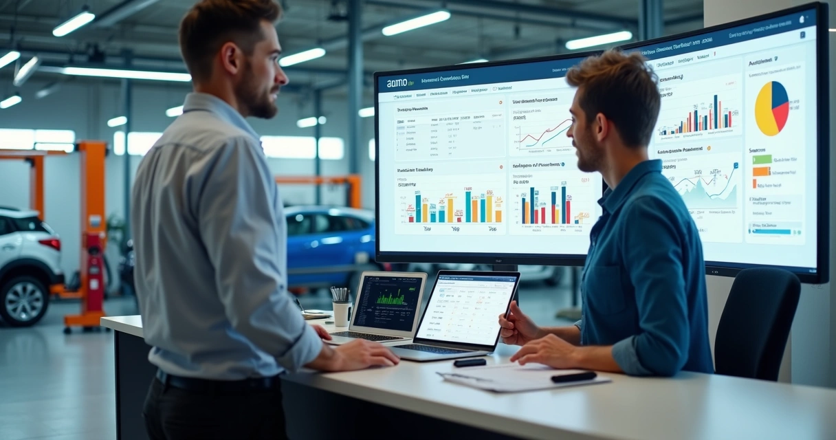 Gestor de marketing analisando leads automotivos em oficina moderna 