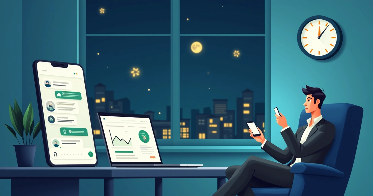Ilustração de corretora respondendo lead noturno no celular com gráfico de desempenho ao lado 
