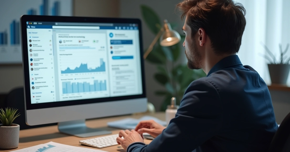 Profissional acompanhando nutrir de leads no LinkedIn, exibido em tela de computador, ambiente de escritório. 