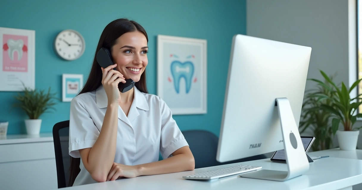 Profissional sorrindo atendendo lead de odontologia ao telefone