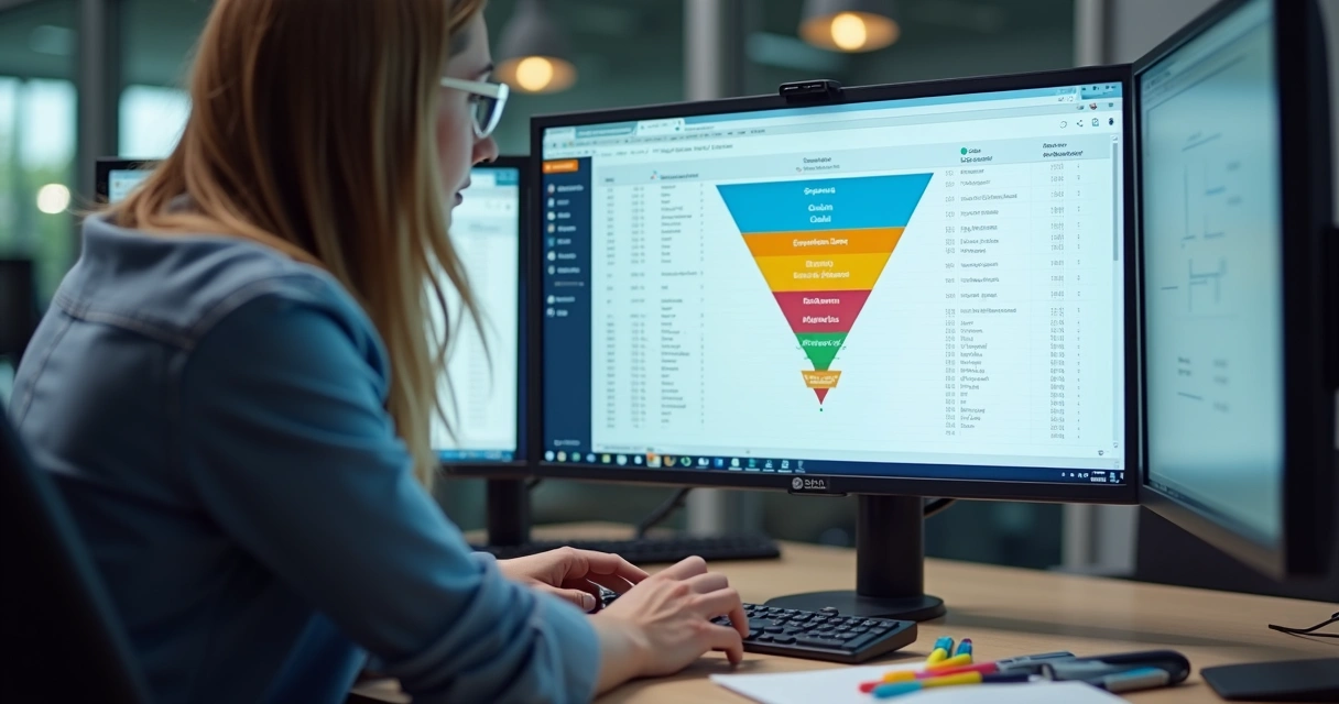 Profissional analisando qualidade de leads B2B em tela de computador