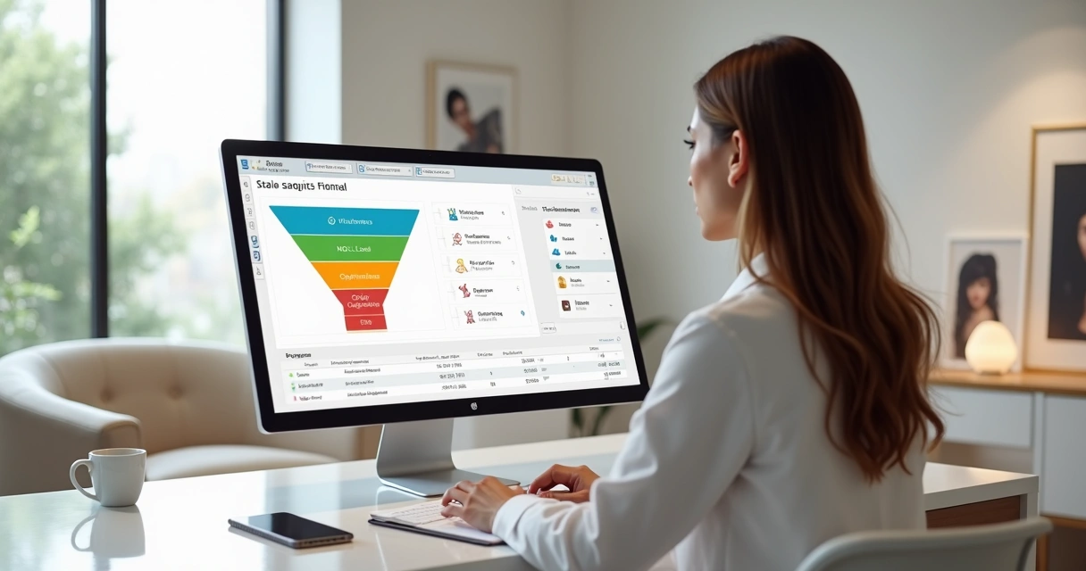 Gestora de clínica de cirurgia plástica analisando funil de leads qualificados em tela com gráficos 
