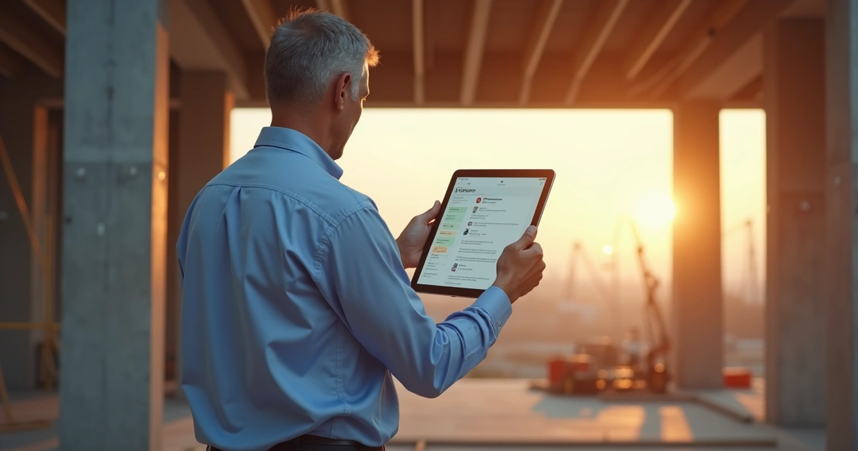Profissional do setor de construção analisando contatos de lead em tablet 