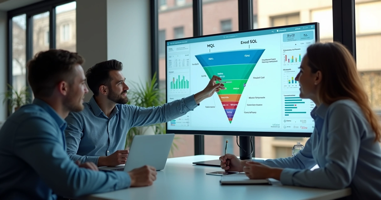 Equipe analisando funil de vendas com leads qualificados MQL e SQL em dashboard digital 