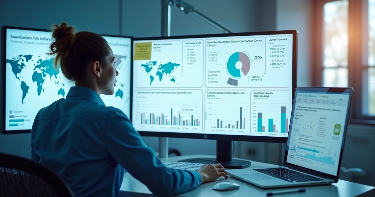Profissional de marketing analisando painel digital com estatísticas e gráficos de leads odontológicos 