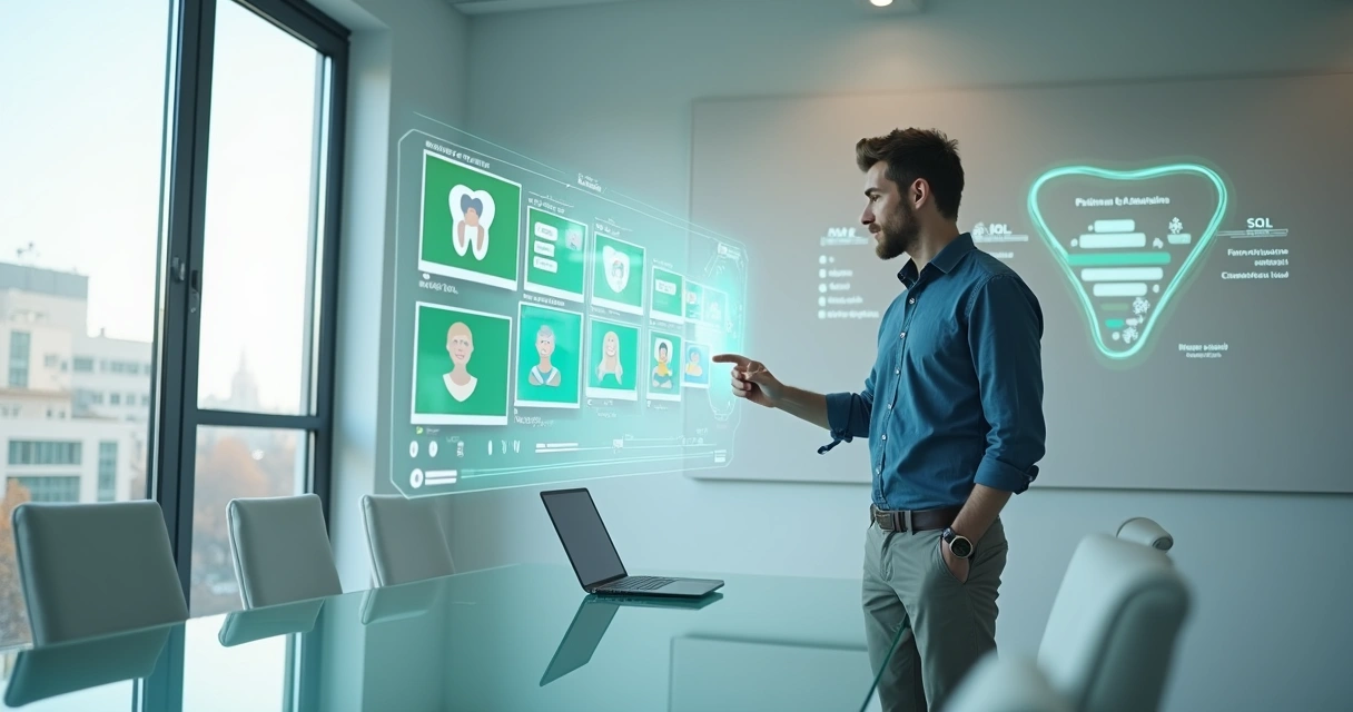 Gestor odontológico selecionando leads qualificados em painel digital com pacientes em destaque 