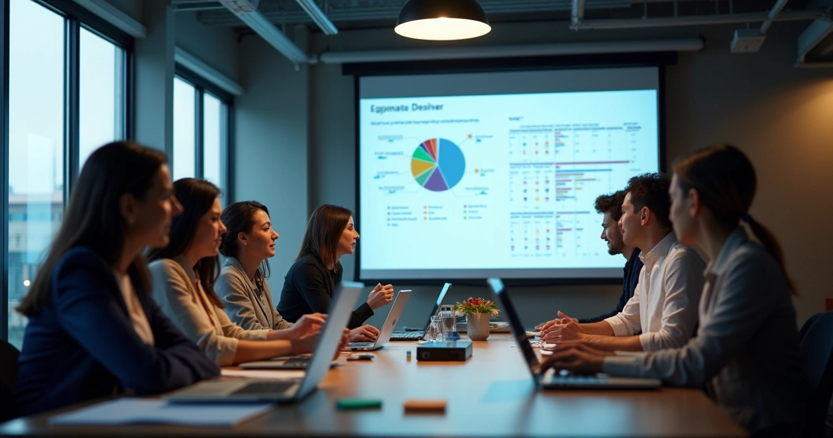 Equipe de vendas analisando perfil de leads em uma mesa de reuniões. 