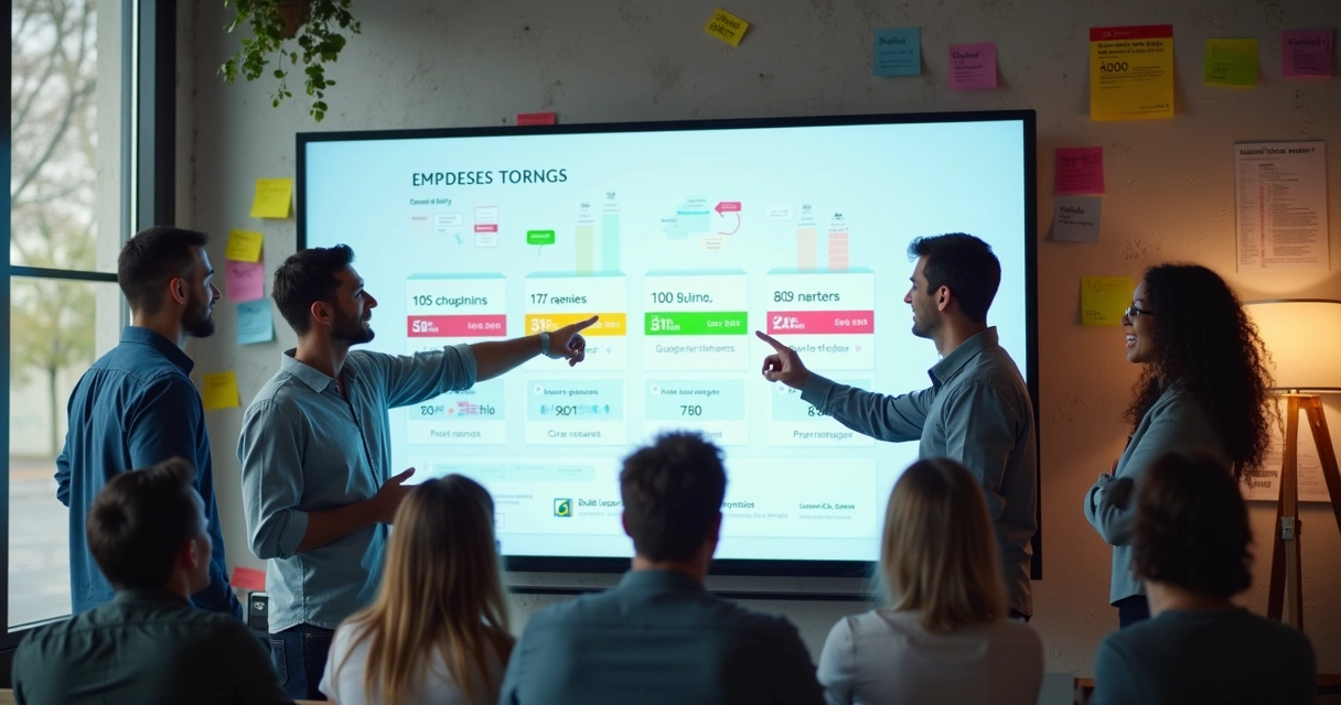 Equipe analisando scores de leads em uma tela 