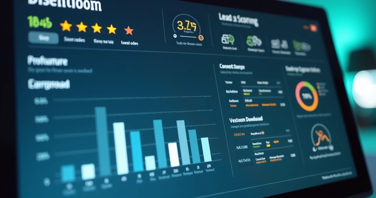 Painel digital mostrando métricas e scores de leads 