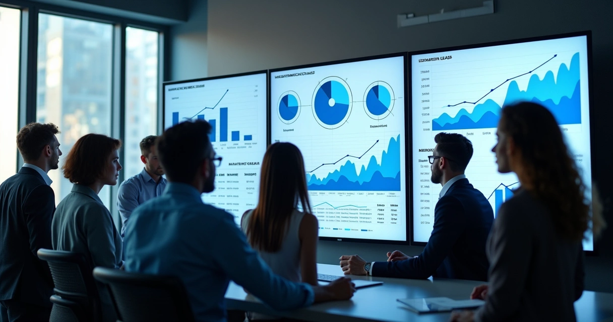 Equipe de vendas observando painel de leads digitais 