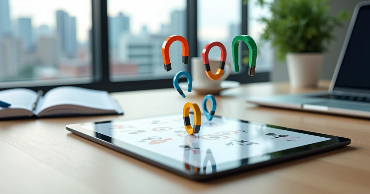 Ímãs coloridos atraindo ícones de contatos sobre tablet em mesa de escritório 