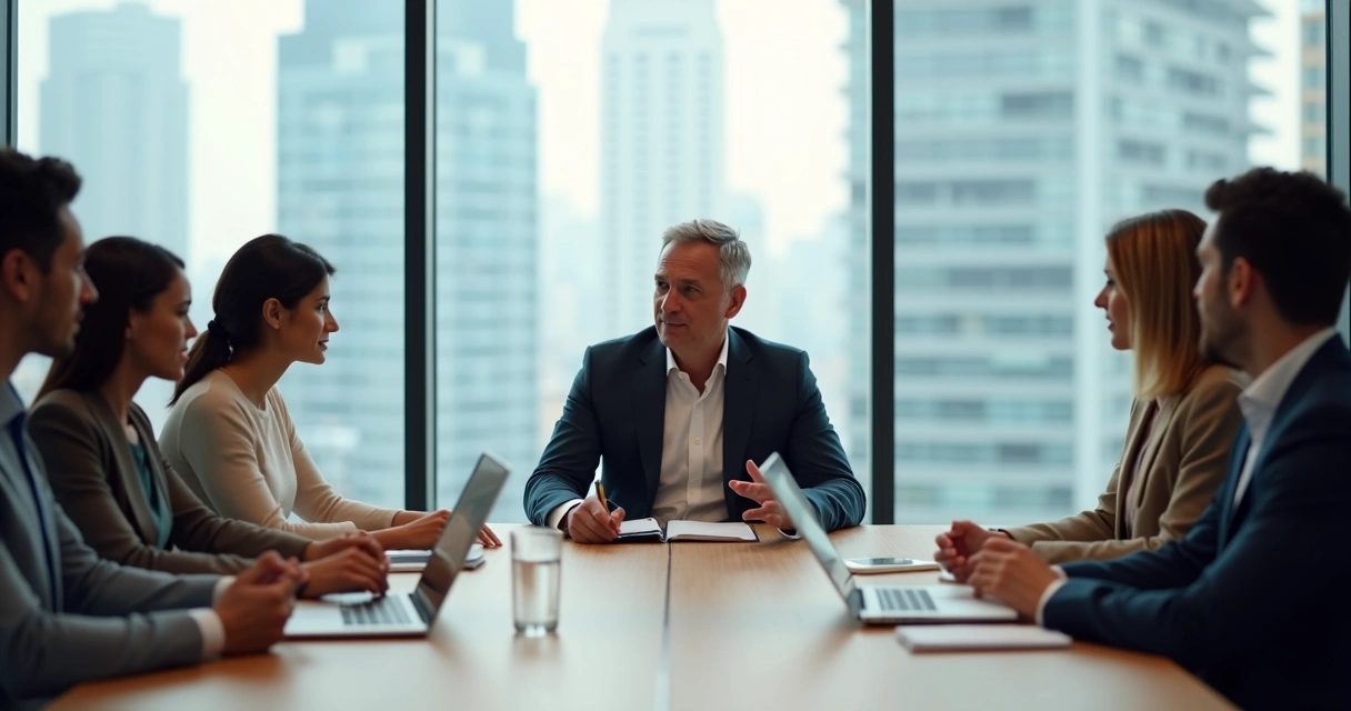 Leader listening attentively to team member in modern office meeting 