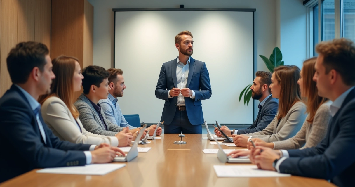 Manager speaking to a mixed team around a conference table 