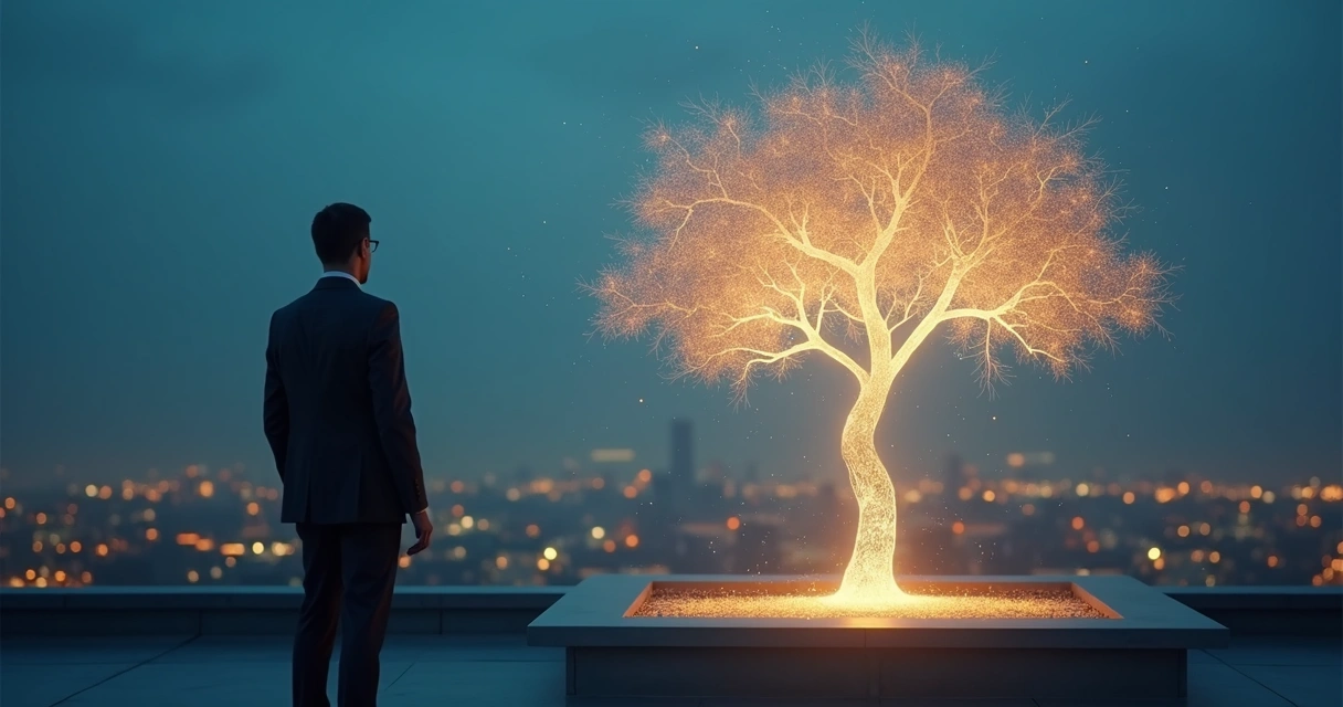 Business leader facing luminous ancestral tree at night 