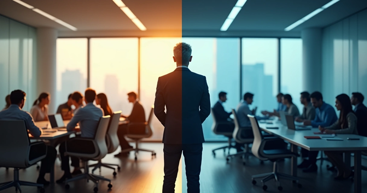 Business leader split between empathetic guidance and rigid authority 