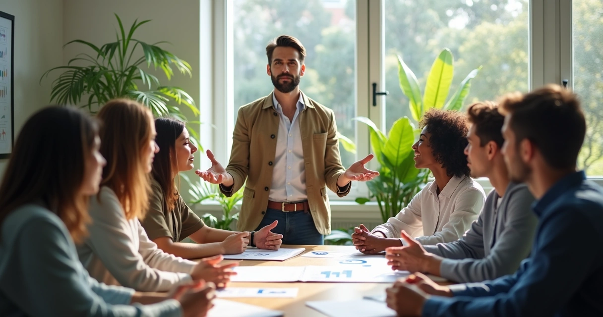 Leader in group meeting holding attention with open posture 
